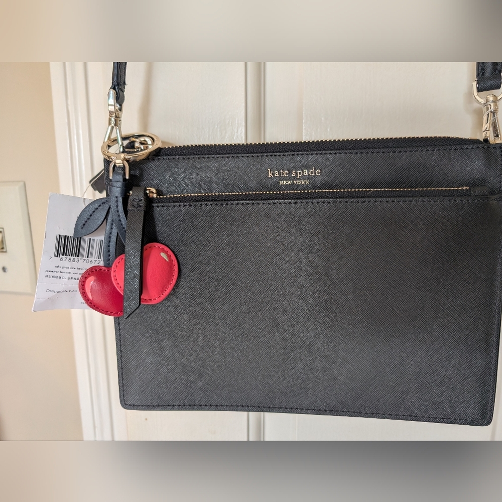 NWT Kate Spade Cameron Zip Black Crossbody with Cherry Bag Charm